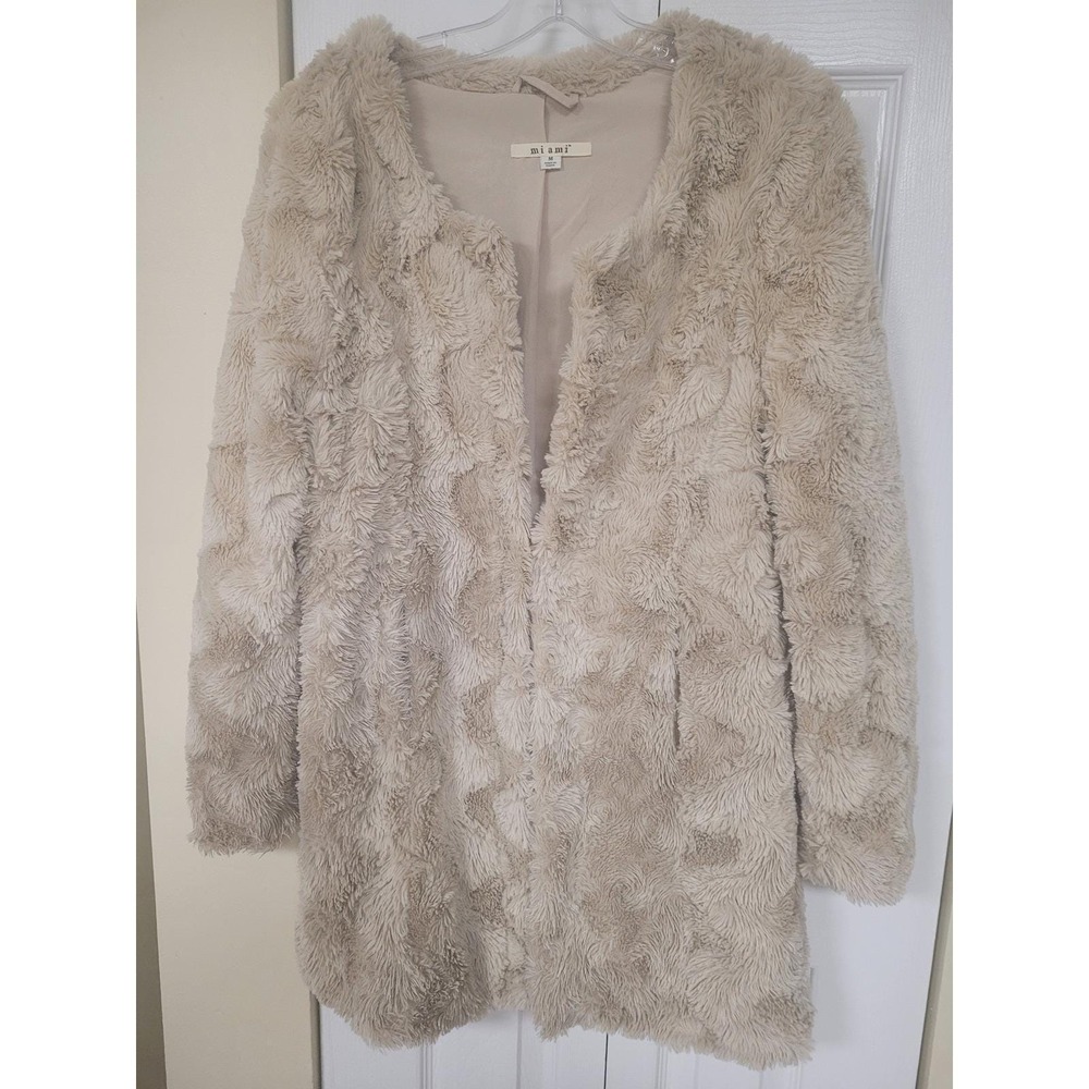 MIAMI Faux Fur Coat Cream Textured Boho Luxe Chic Bohemian Y2K 1 Hook/Eye Size M